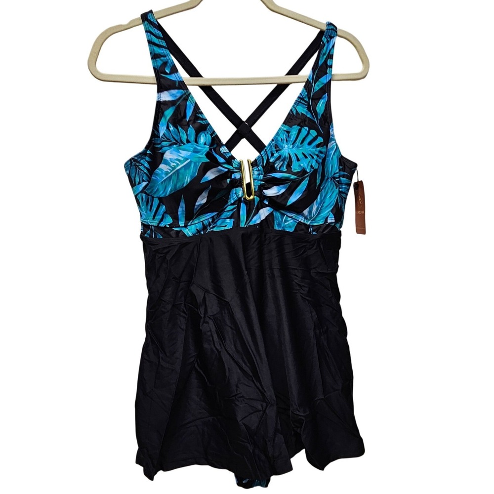 Arolina Swim Dress Women Medium Black‎ Blue Tropical Palm Leaf Tummy Control